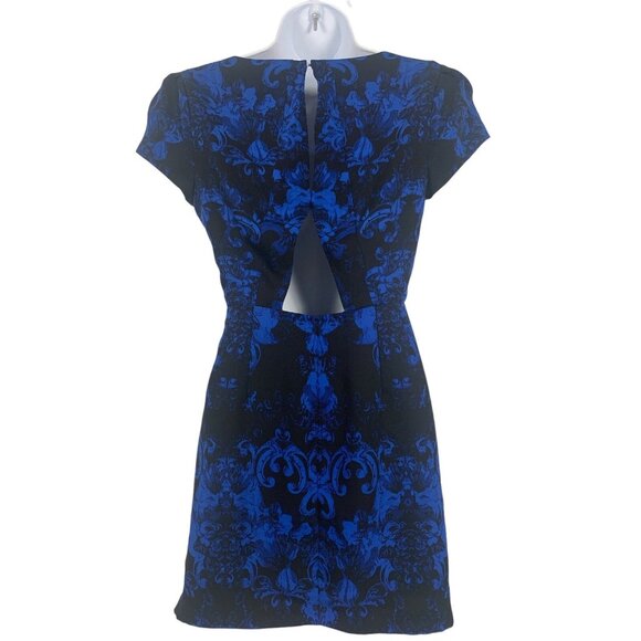 Silence + Noise Blue & Black Damask Pattern Cap Sleeve Dress Side Zipper Size 2 - Picture 3 of 11